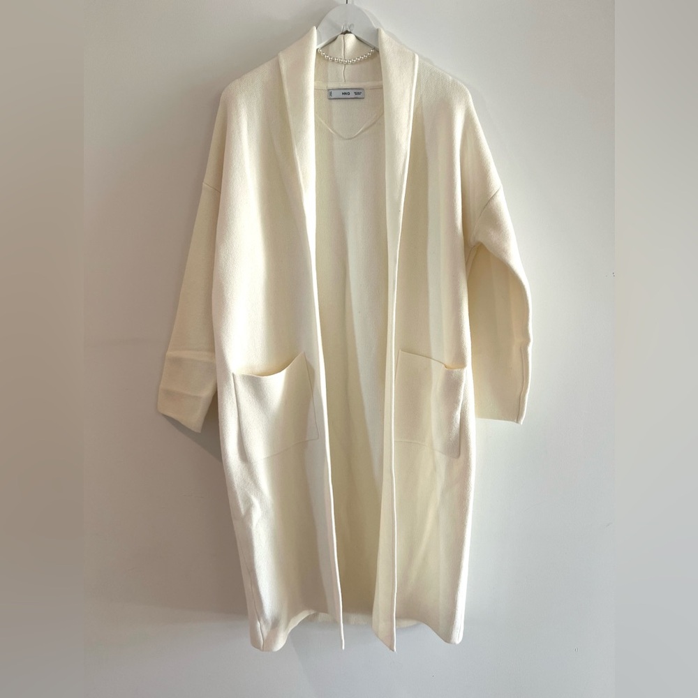 Knit Coat Cardigan Open Front XS Cream Oversized Long